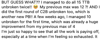 Athlete message: 15 TT unbroken and C2B unbroken PB