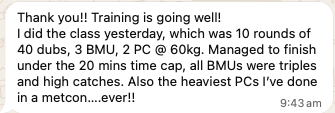 Athlete message: 10 rounds, 40 dubs, BMU triples and a metcon PB